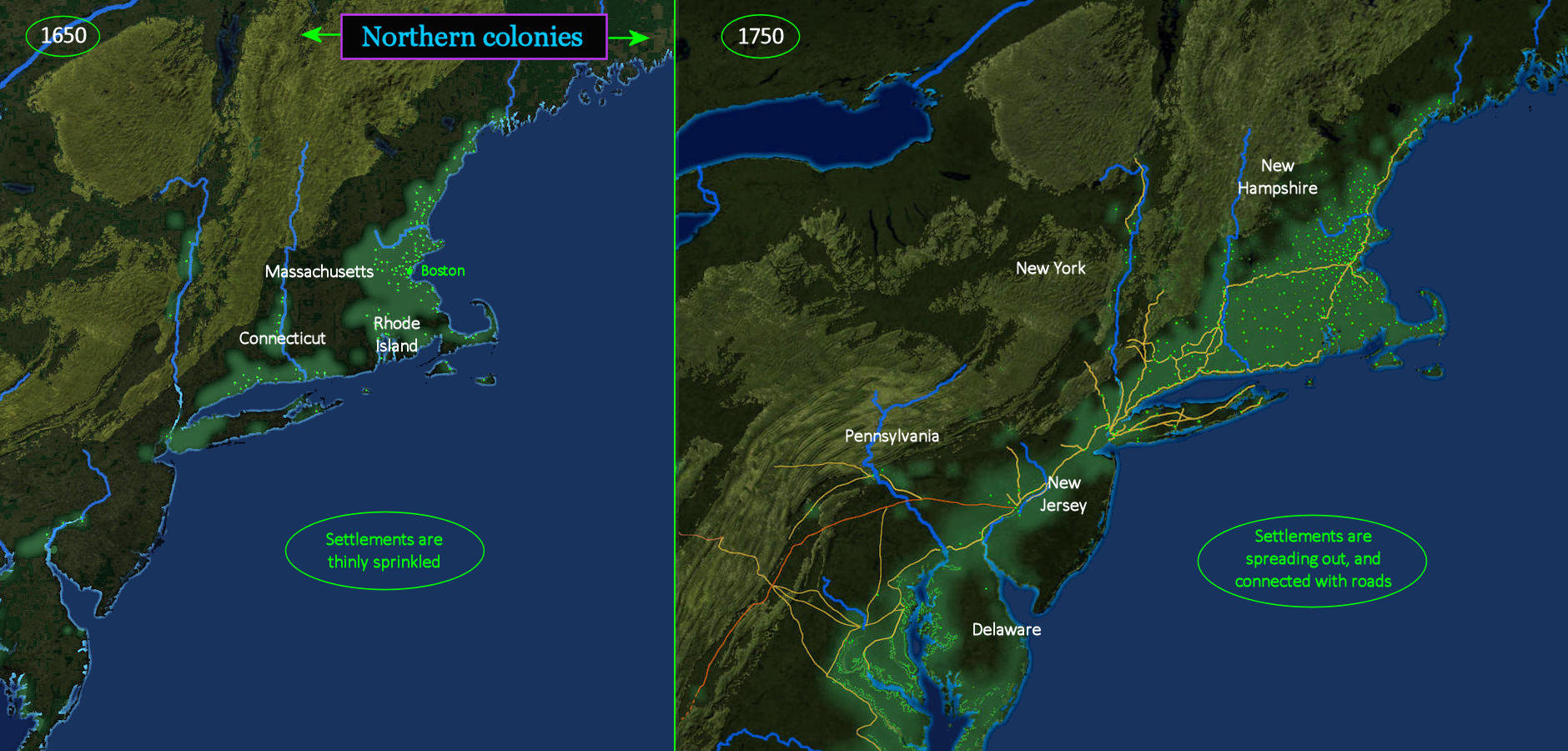 New England growth, 1650-1750 map